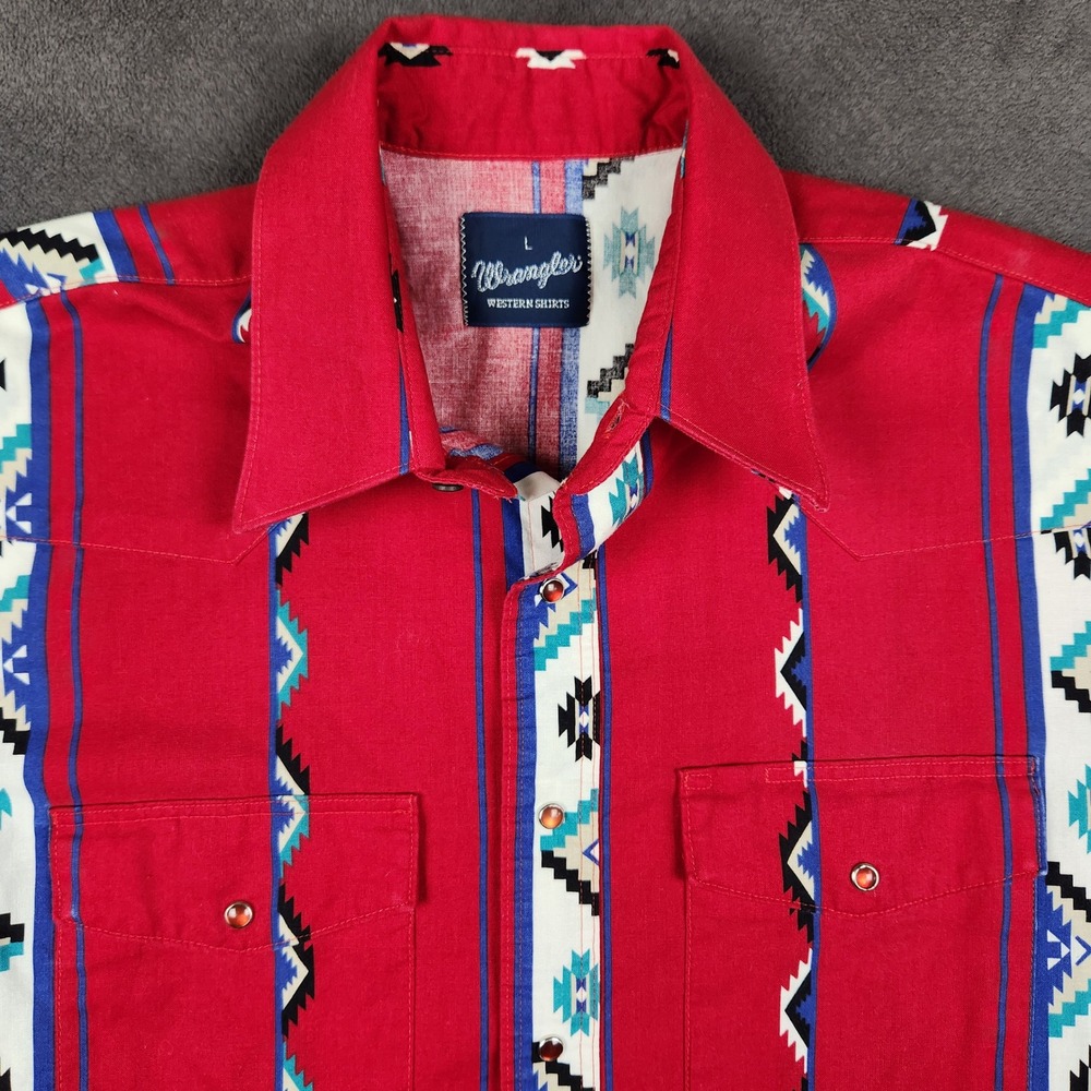 Vintage‎ Wrangler Western Shirt Mens Large Red Aztec Pearl Snap Short Sleeve